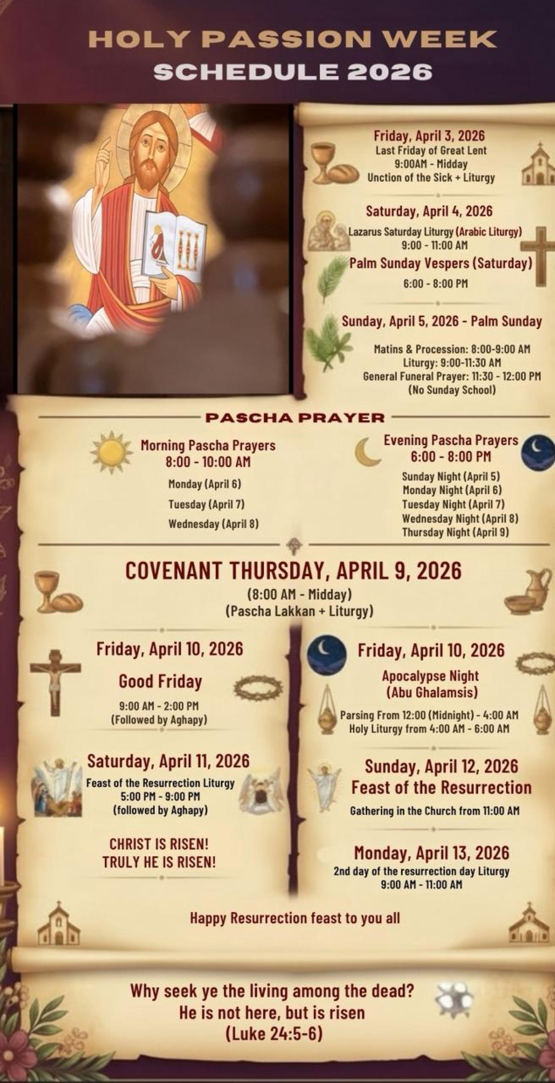 The Coptic Church in Singapore's Holy Passion Week Schedule. We welcome all.