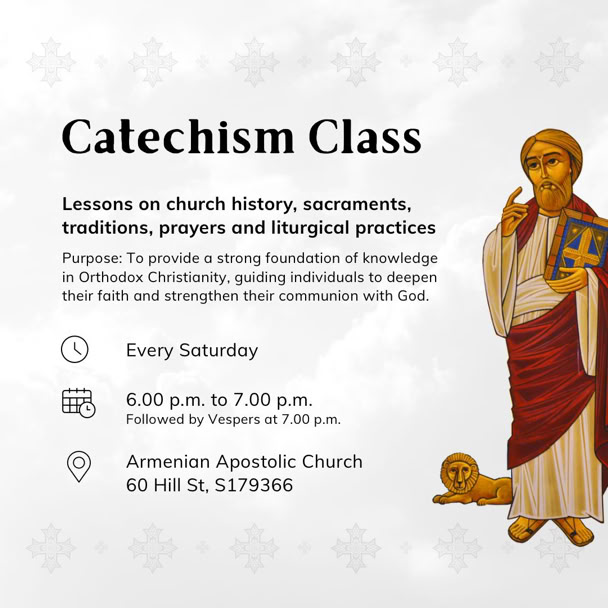 Catechism class announcement with text detailing lessons on church history and practices, held every Saturday at 6 p.m. at Amerison Apostolic Church. Includes an illustration of a religious figure holding a book.